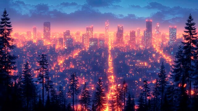 Futuristic city skyline glowing with warm neon lights at dusk. Seamless looping 4K video background