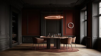 Fototapeta premium Floating elegance of the P chandelier, aluminum rings glowing warmly in a stylish room. No people, no text.
