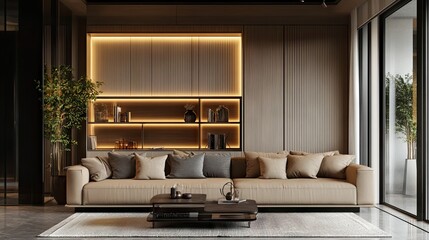 A minimalist home setting with a soft-colored sofa and a built-in wooden display unit