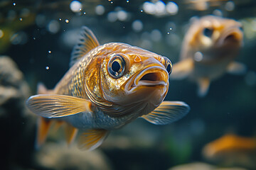 Obraz premium Golden shimmer, A close-up of a mesmerizing golden carp swimming gracefully