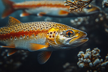 Majestic trout swimming in a tranquil underwater environment close-up