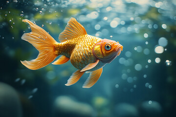 Obraz premium Majestic Goldfish Gliding Through an Aquatic Dreamscape of Bubbles