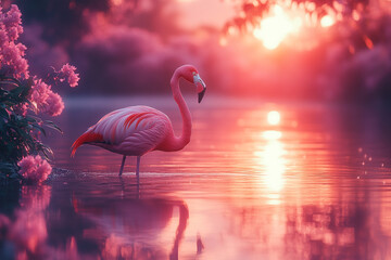 Fototapeta premium Flamingo's Serene Reflections on a Rosy Sunset Lagoon Scenery