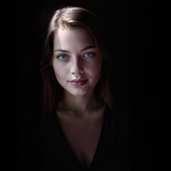 Fototapeta premium A woman with striking blue eyes is illuminated by soft lighting against a dark background. Her serene expression and subtle play of shadows emphasize her features.
