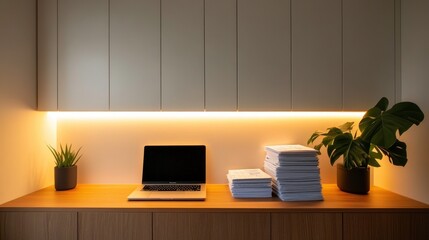 Fototapeta premium Home office setup with laptop, papers, and plants under warm lighting, cozy working space