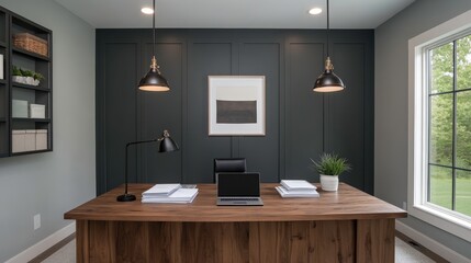 Home office with a laptop on a wood desk, and a window showing greenery in the background