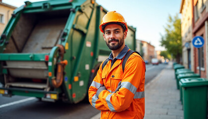 A smiling sanitation worker in an orange uniform and hard hat stands confidently with his arms crossed, beside a garbage truck and green bins on a city street.