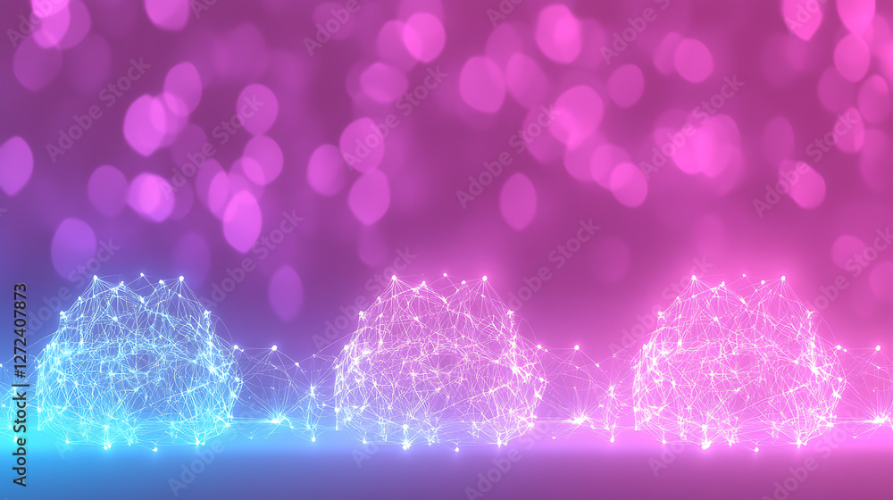 Poster connected networks of light nodes and digital mesh abstract arrangement on gradient bokeh backdrop.