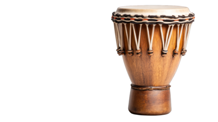 A wooden drum with a black and white design