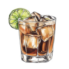 A stylized drawing of a cola drink with ice and lime, resembling a hand-drawn food ingredient, transparent background, PNG