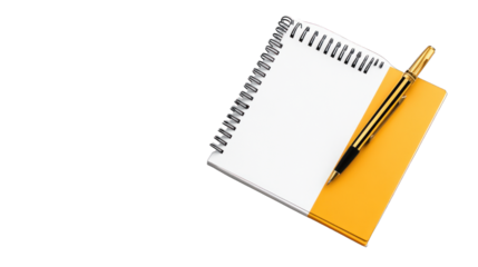 A pen and a spiral notebook are on a white background