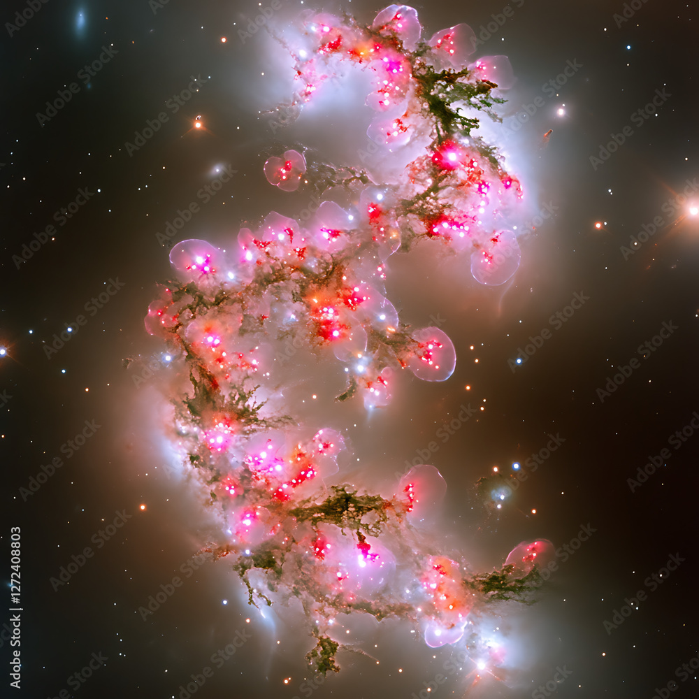 Poster cosmic stream of stellar formation bubbles nebula complex in deep space galaxy exploration.