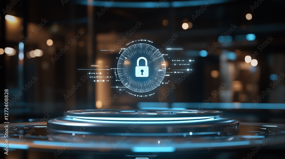 Poster digital lock symbol representing cybersecurity concepts in a futuristic environment with glowing ele