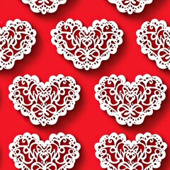 Lacy hearts pattern on a red background for gift wrap, invitations, and craft projects