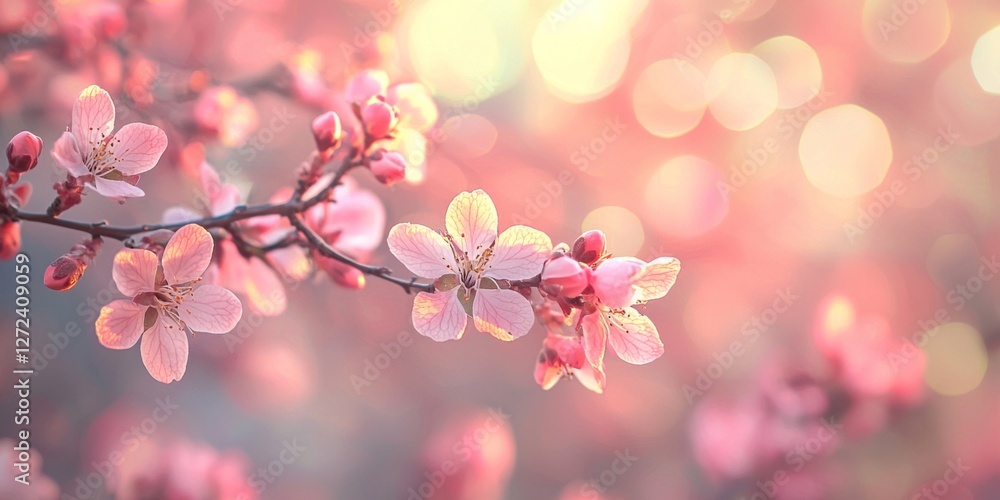 Poster delicate pink blossoms on a tree branch backlit by a soft diffused light creating a dreamy spring sc
