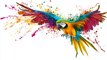 Colorful parrot illustration on a white background with tropical elements and a cute design