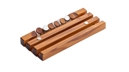 A wooden board with a number of round objects on it