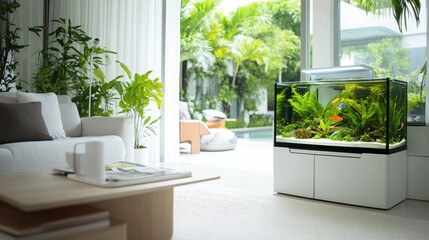 A modern minimalist home featuring a stylish fish tank placed according to Feng Shui principles