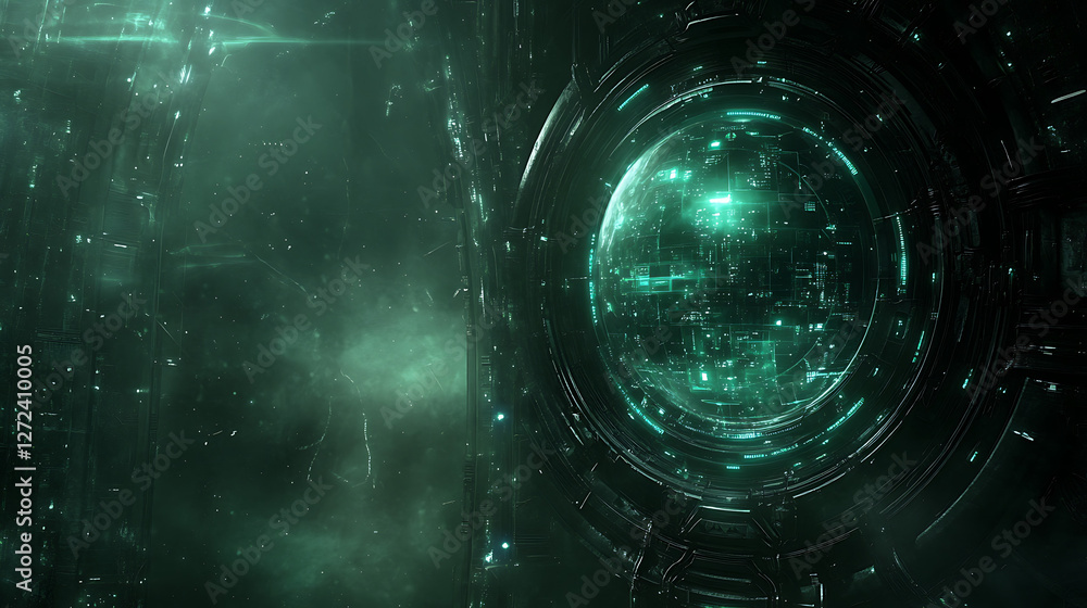 Poster cybernetic world core technology hub with intricate circuitry and green illumination dystopian futur
