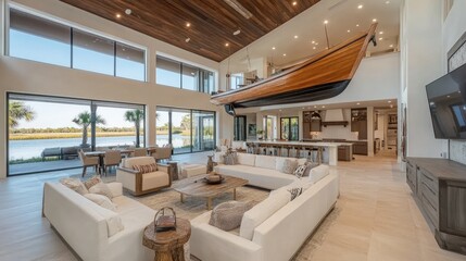 A modern open-concept living space with a decorative boat enhancing financial stability