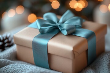 Gift Box with Turquoise Ribbon on Festive Background for Holiday Celebration