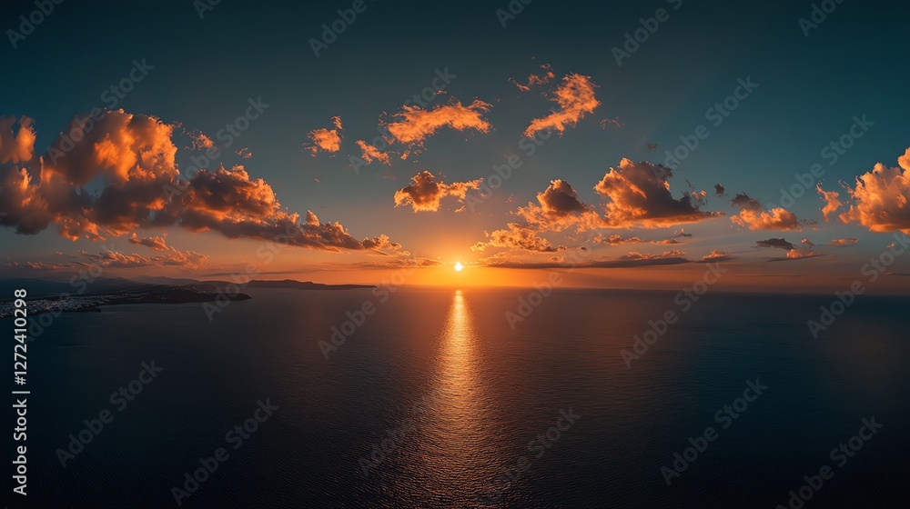 Poster sunset over the ocean viewed from a cliff with colorful clouds and shimmering water in the distance