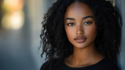 Fototapeta premium Beautiful Young Woman With Curly Hair Poses Naturally Outdoors in Soft Lighting During Daytime, Showcasing Her Graceful Features