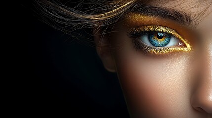 Fototapeta premium Fine-art portrait of a stunning woman, radiant skin illuminated by golden rim light, bold voluminous lashes adding intensity, deep black background for striking contrast, fashion-forward styling, 