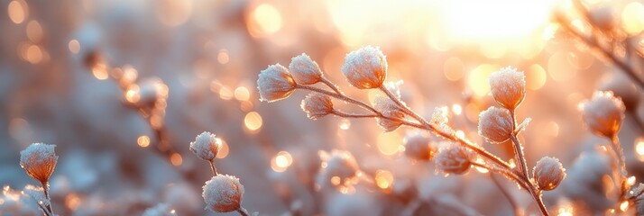 Frosted Wildflowers in Winter Landscape with Sunlight and Ice Crystals