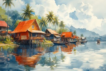 Naklejka premium Floating Village on Tonle Sap Lake in Cambodia with Rustic Houses and Palm Trees