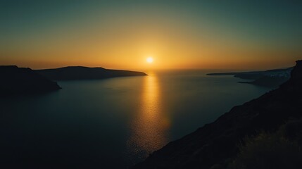 Beautiful Sunset Over the Caldera of Santorini, Showcasing Vibrant Colors and Tranquil Waters