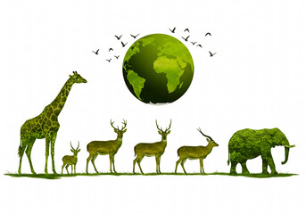 Obraz premium Giraffe and other animals walking together under a globe, representing the interconnectedness of wildlife and the planet.