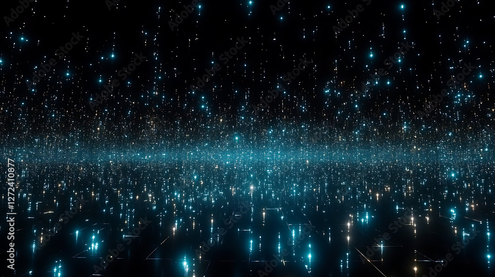 Poster dazzling digital dimension of dancing dots in dynamic deep dark depths with reflected light.