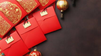 Lunar New Year celebration with red envelopes, decorations and copy space for greetings, blog headers