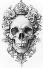 Fototapeta premium Skull with Floral Crown and Intricate Linework Chiaroscuro