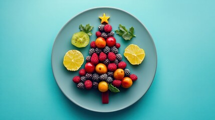 Festive fruit tree plate, blue background