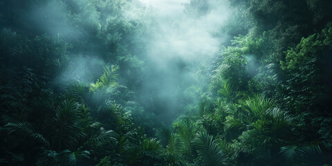 Obraz premium Exploring lush jungle mysteries tropical rainforest nature photography foggy atmosphere aerial view serenity and wilderness