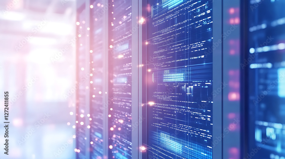 Poster digital data infrastructure processing server room network system rack arrangement.