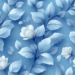 Fototapeta premium Minimalist Floral Seamless Pattern with Elegant Leaves on Blue Background
