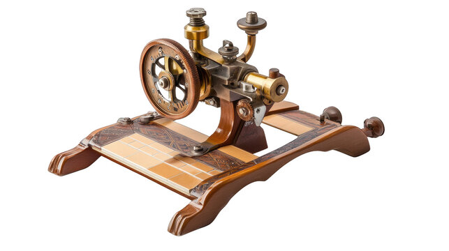 A vintage looking machine with a wooden base and a metal top