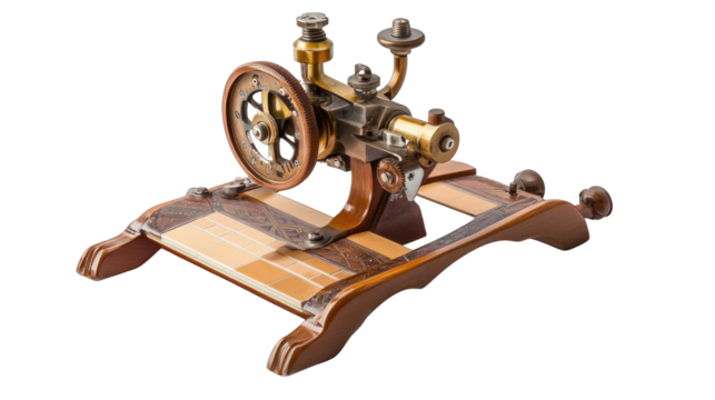 A vintage looking machine with a wooden base and a metal top