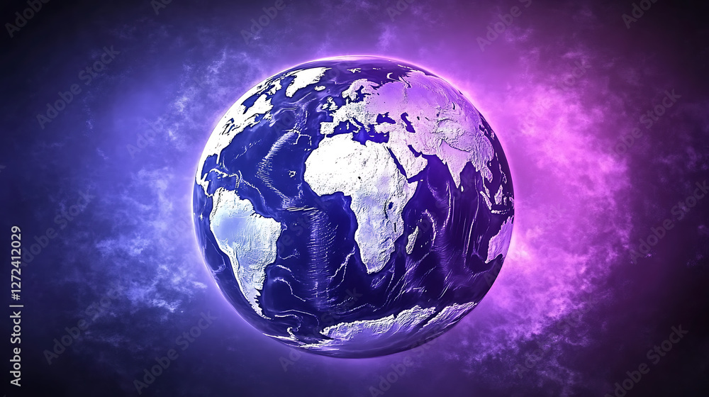 Poster digital earth globe with atmospheric clouds in ultraviolet space artistic visualization.