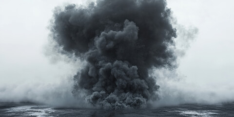 Obraz premium Explosive eruption unleashes dark smoke over coastal area dramatic environmental scene aerial view with ominous atmosphere