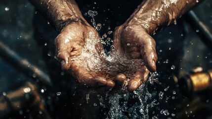 Dirty hands cupping water, outdoor, industry