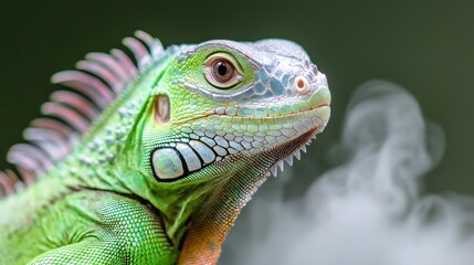 Fototapeta premium Green iguana portrait, smoky background, reptile profile, wildlife