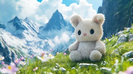 Bunny toy, alps meadow, adventure