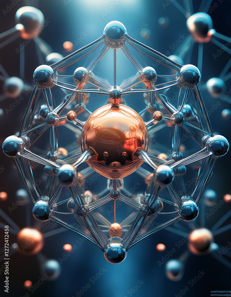Poster A complex network of interconnected spheres and lines, representing a neural network or a molecule. Generative AI.