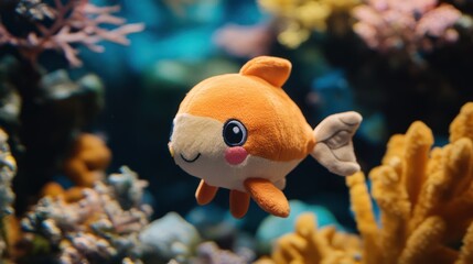 Plush fish swims, coral reef backdrop