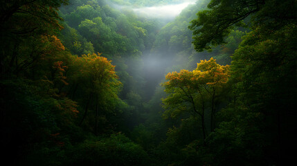 Fototapeta premium Misty green forest valley filled with dense fog during a quiet morning in the wilderness.
