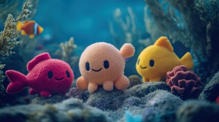 Plush toys ocean reef background